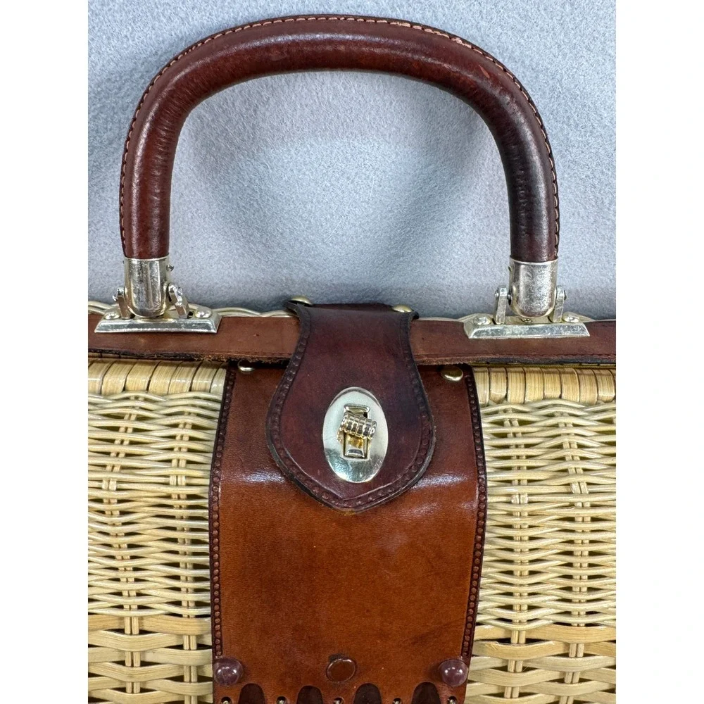 Vintage 1950s 60s Wicker Leather Briefcase British Hong Kong Chain Accent MCM